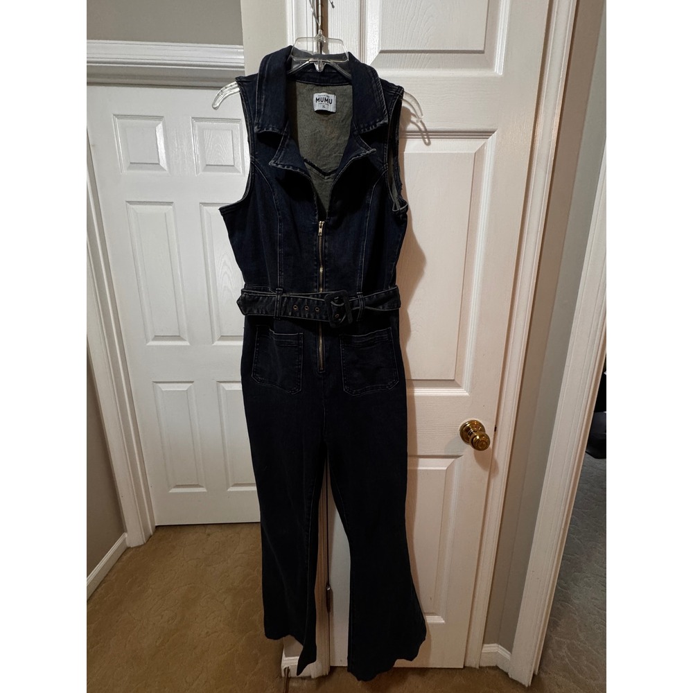 Show Me Your Mumu Womens Denim Jumpsuit Dark Wash Flare Leg Belted XL Sleeveless - Picture 5 of 9